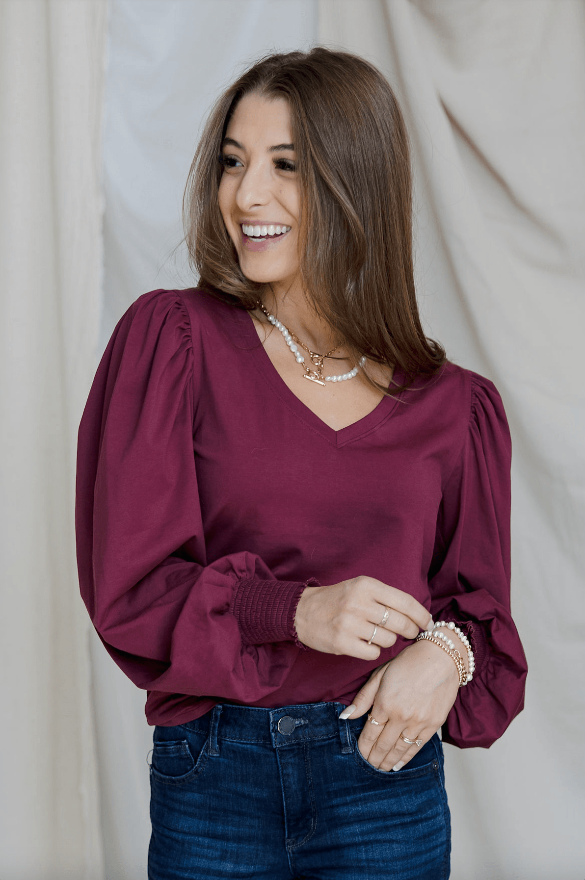 V - Neck Smocked Wrist Top - Mainstream Boutique