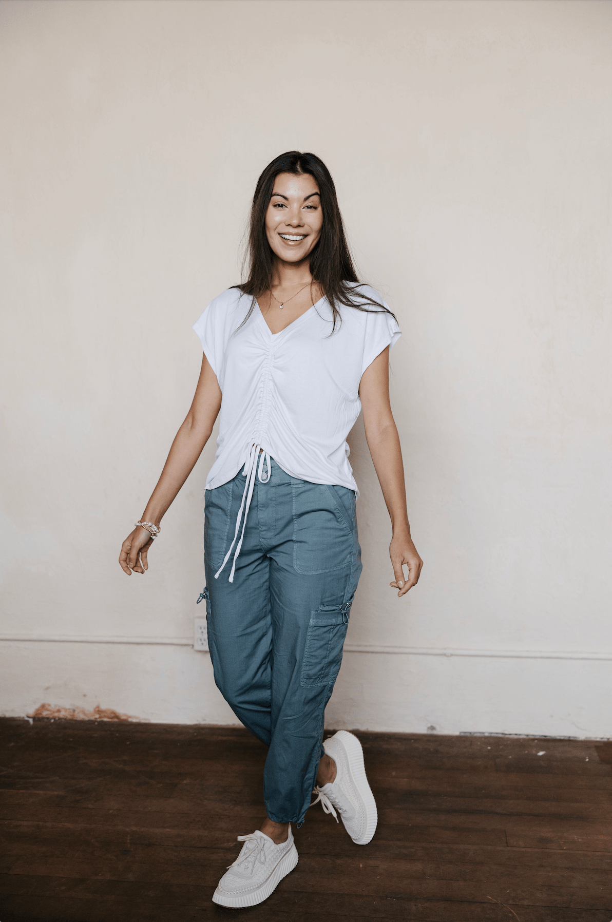 Essentials Ruched Front Top - White - Mainstream Boutique