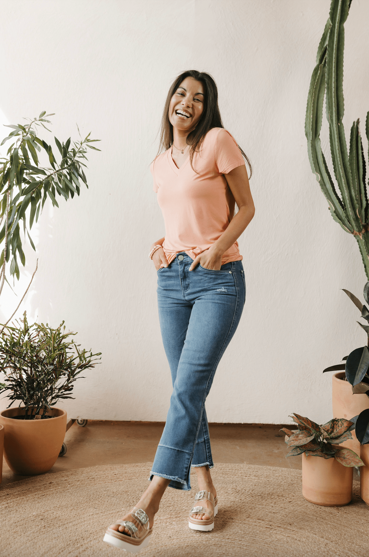 Essentials V - Neck Tee - Apricot Crush - Mainstream Boutique