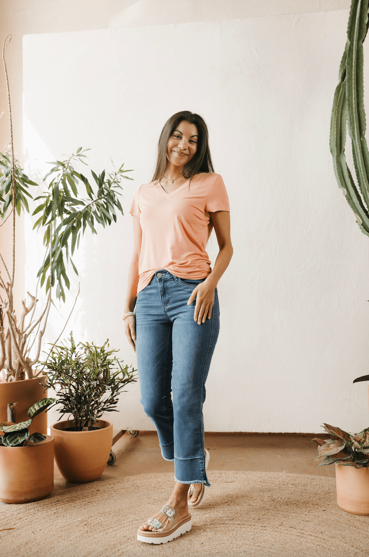 Essentials V - Neck Tee - Apricot Crush - Mainstream Boutique