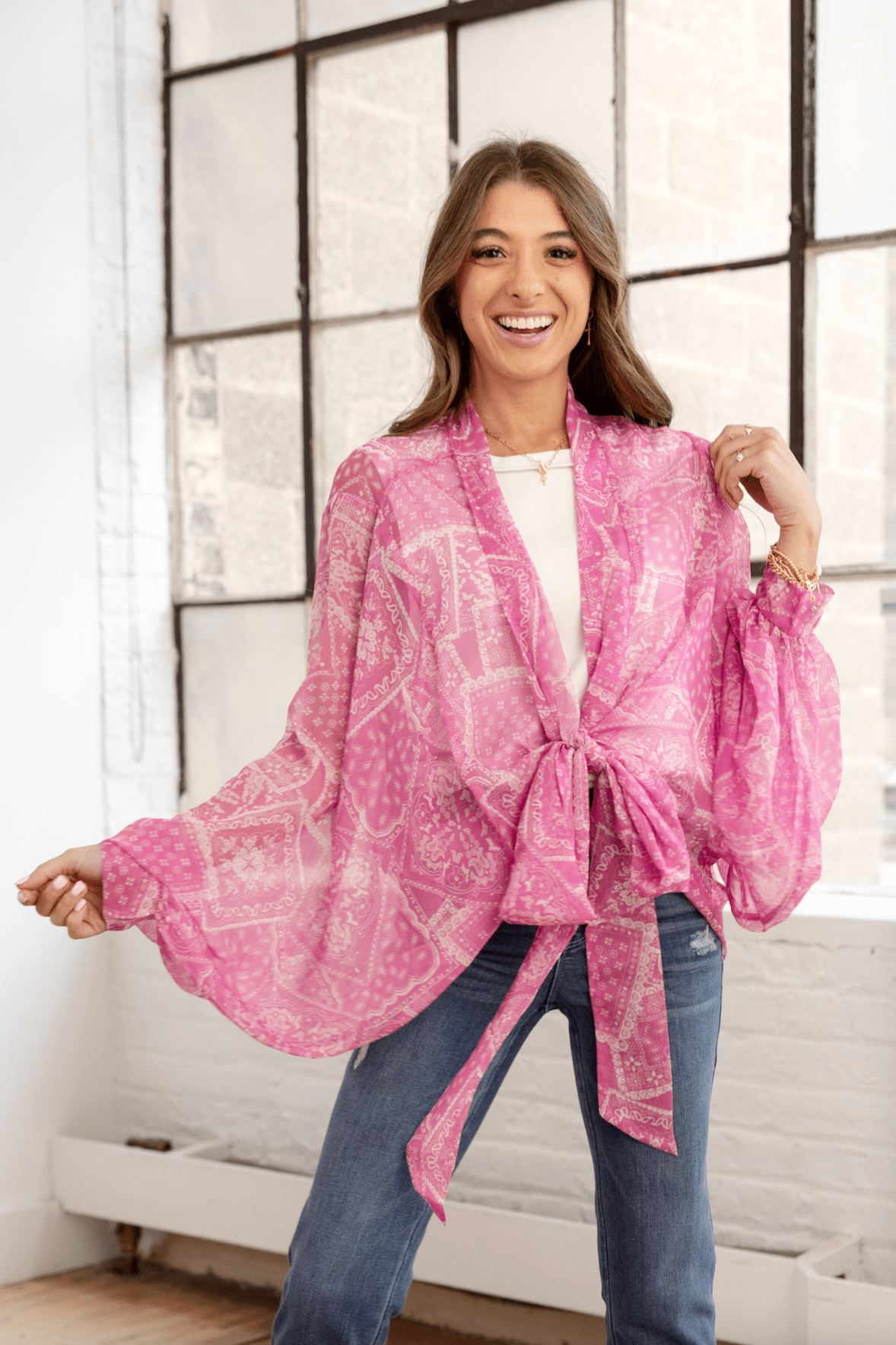 Tie Front Kimono Blouse - Pink Bandana - Mainstream Boutique