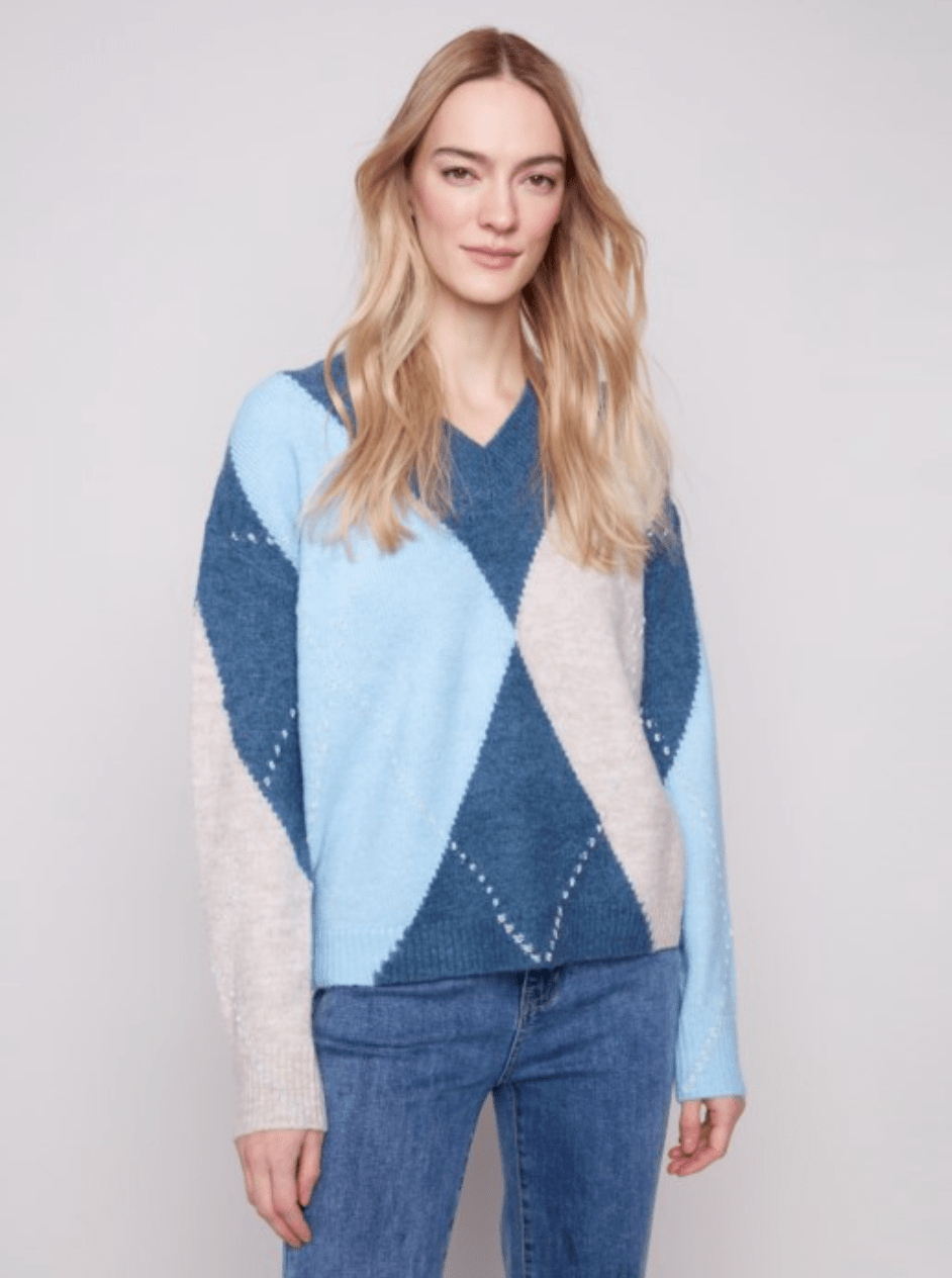 V - Neck Argyle Jacquard Sweater - Mainstream Boutique