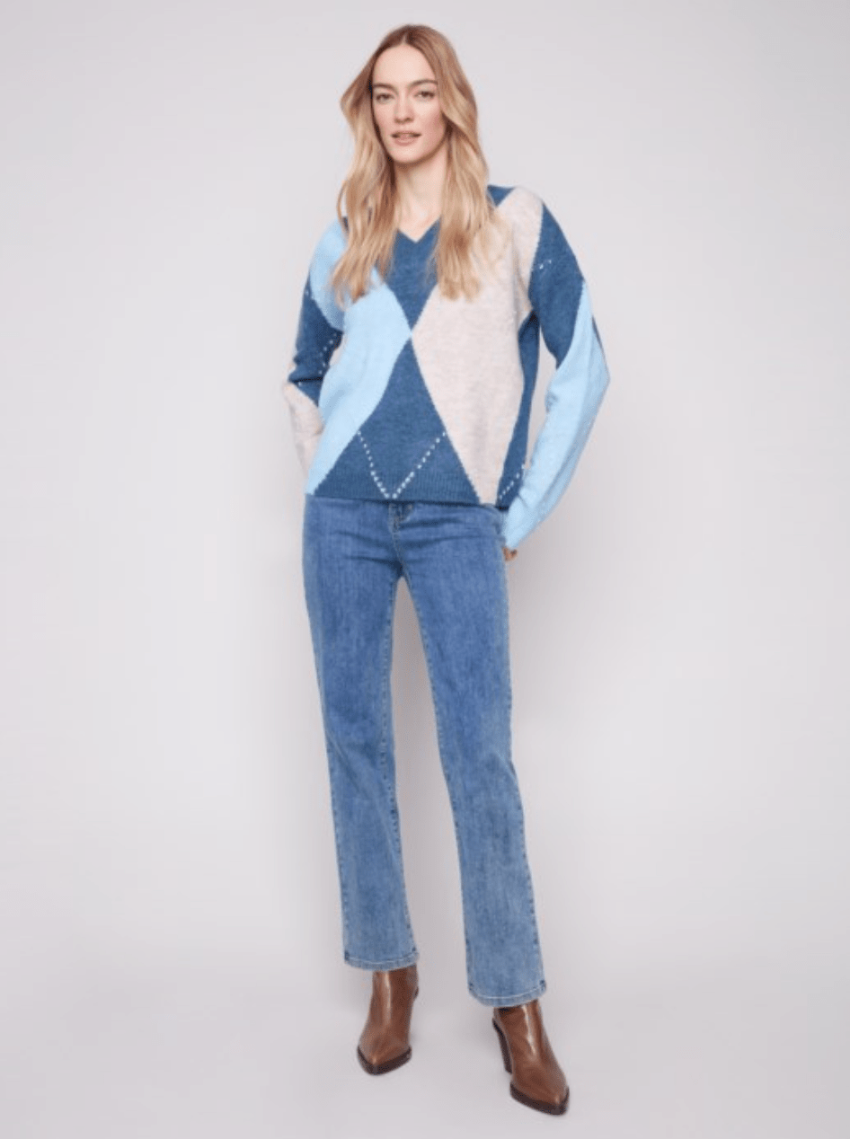 V - Neck Argyle Jacquard Sweater - Mainstream Boutique