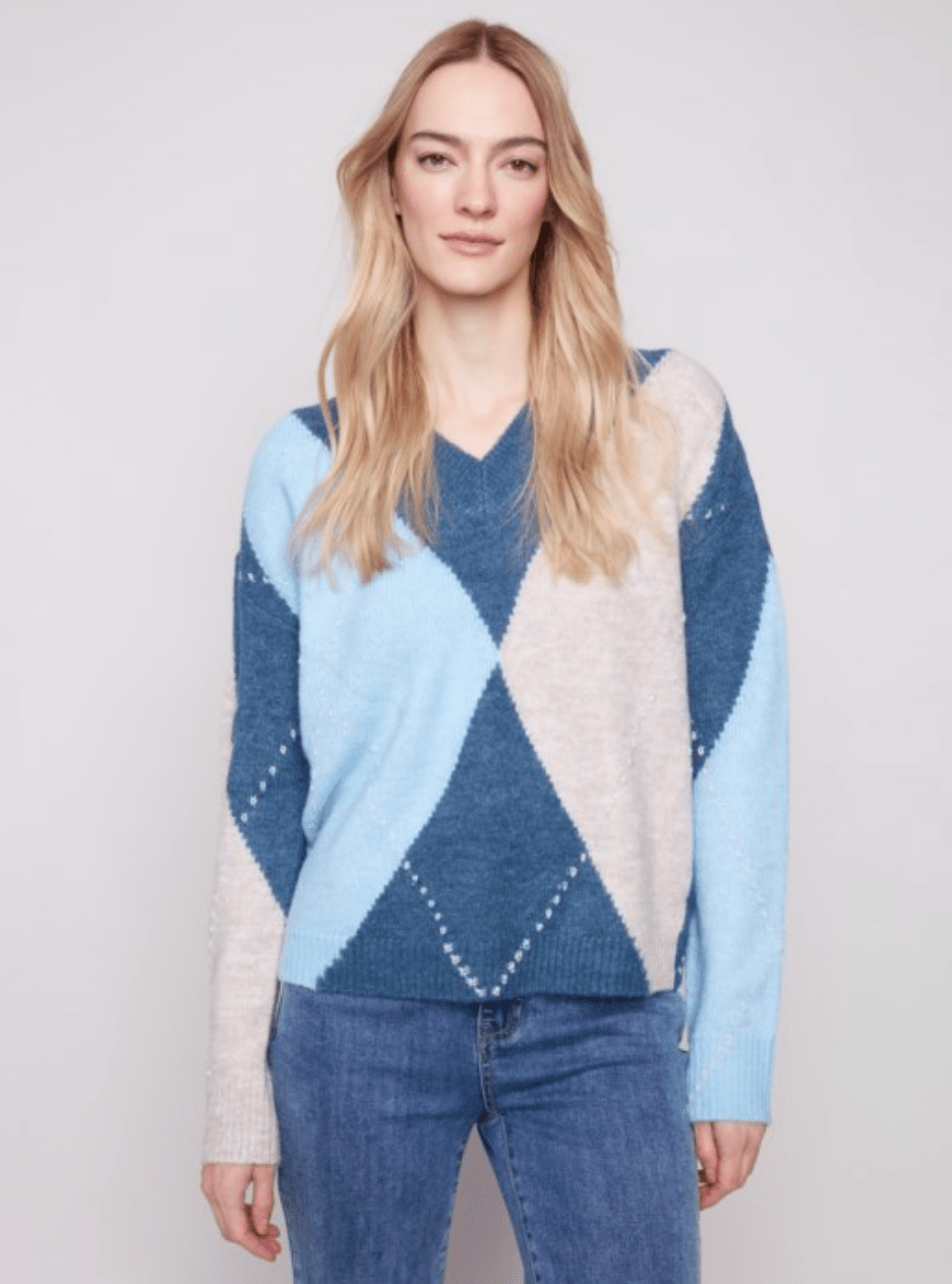V - Neck Argyle Jacquard Sweater - Mainstream Boutique