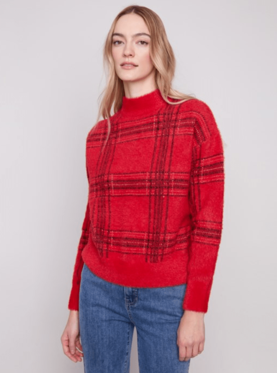 Charlie B Plaid Eyelash Mock Neck Sweater - Mainstream Boutique