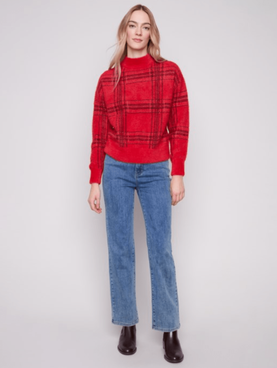 Charlie B Plaid Eyelash Mock Neck Sweater - Mainstream Boutique