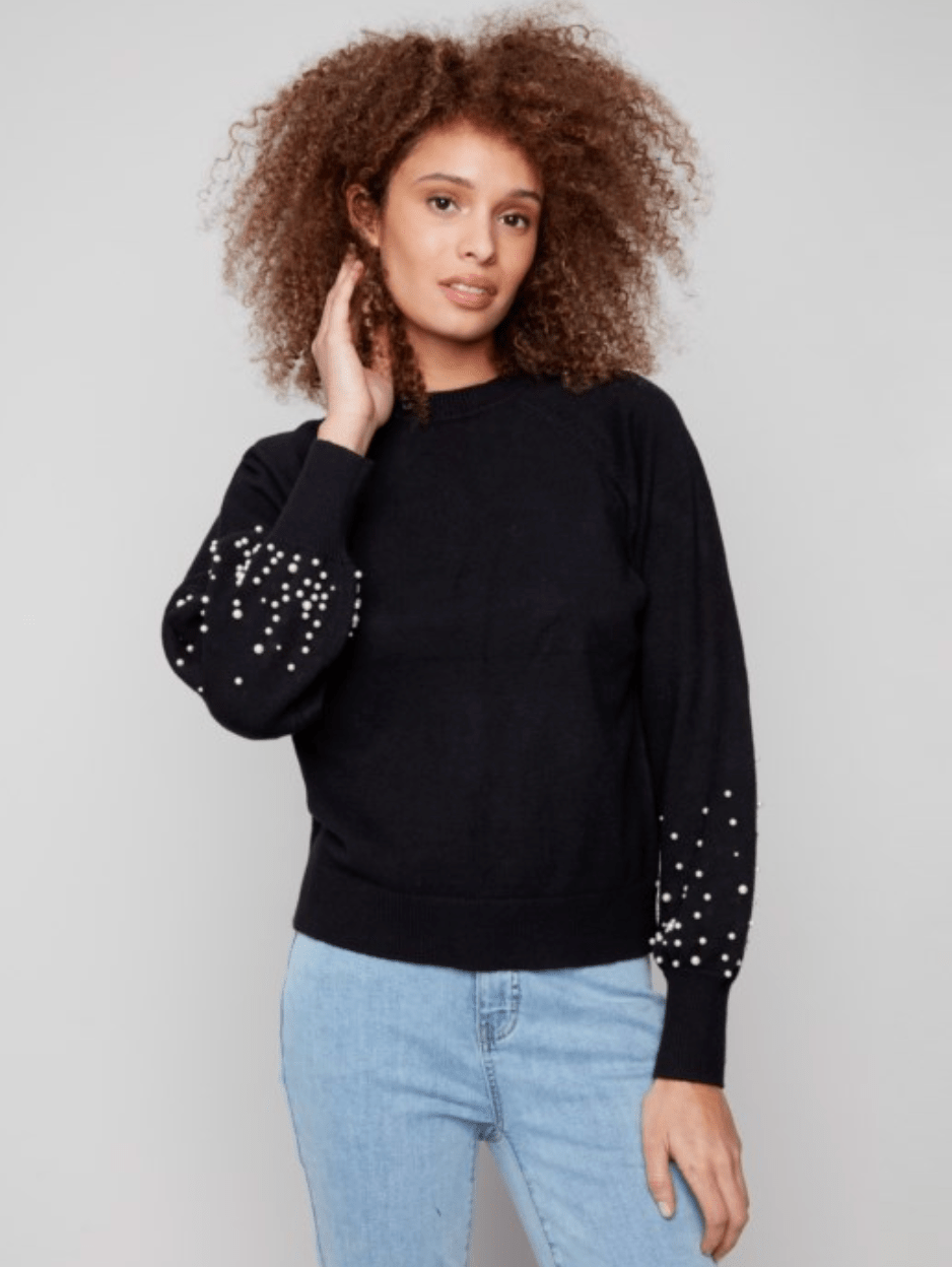 Crew Neck Sweater With Pearl Details - Mainstream Boutique