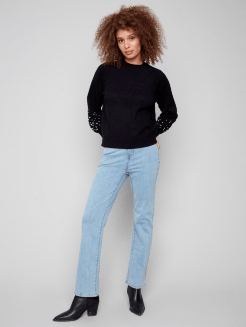Crew Neck Sweater With Pearl Details - Mainstream Boutique