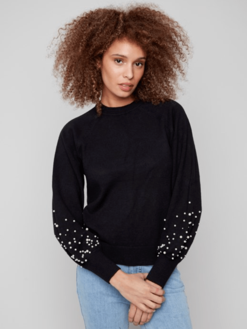 Crew Neck Sweater With Pearl Details - Mainstream Boutique