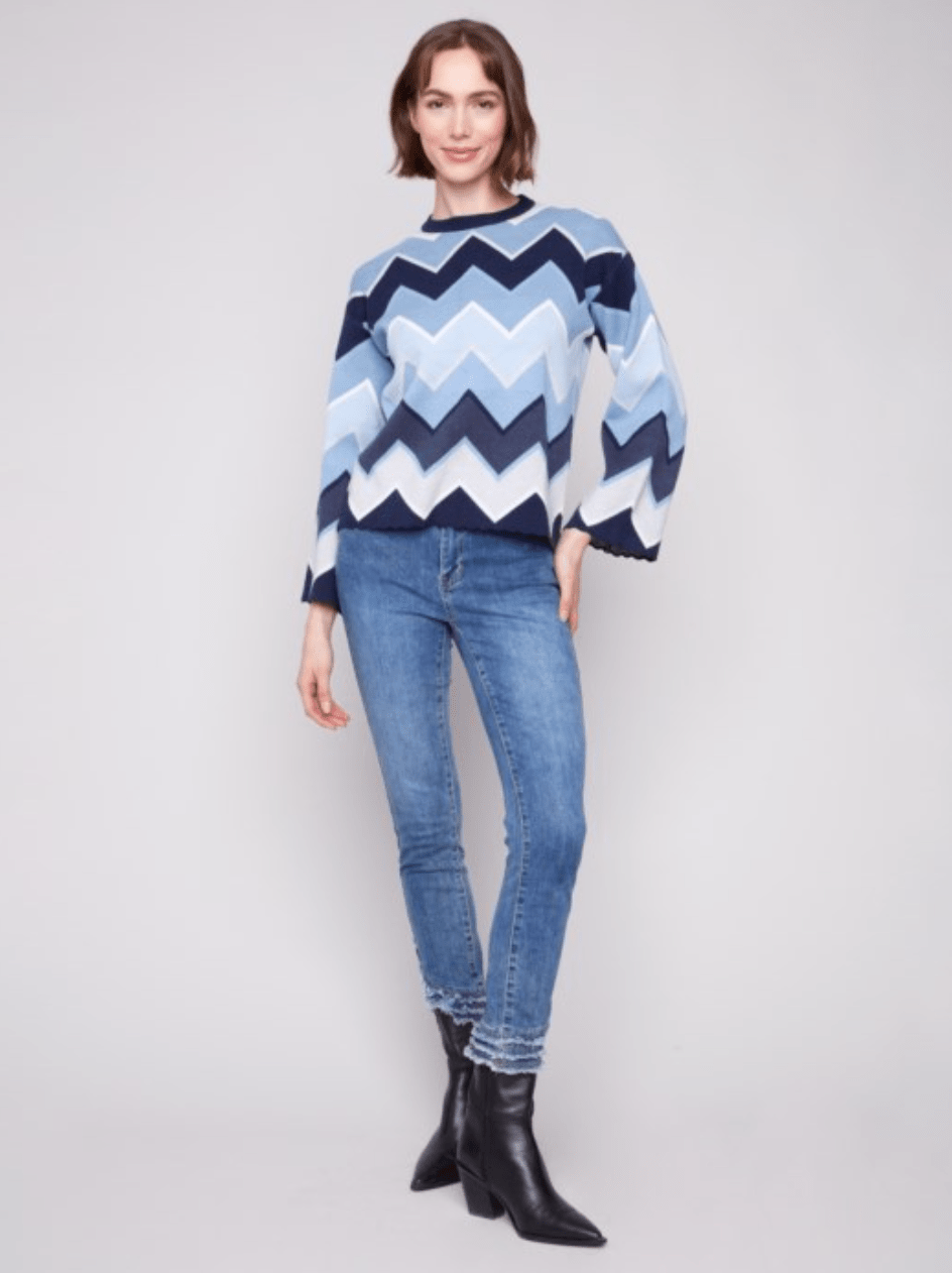 Jacquard Chevron Bell Sleeve Sweater - Mainstream Boutique