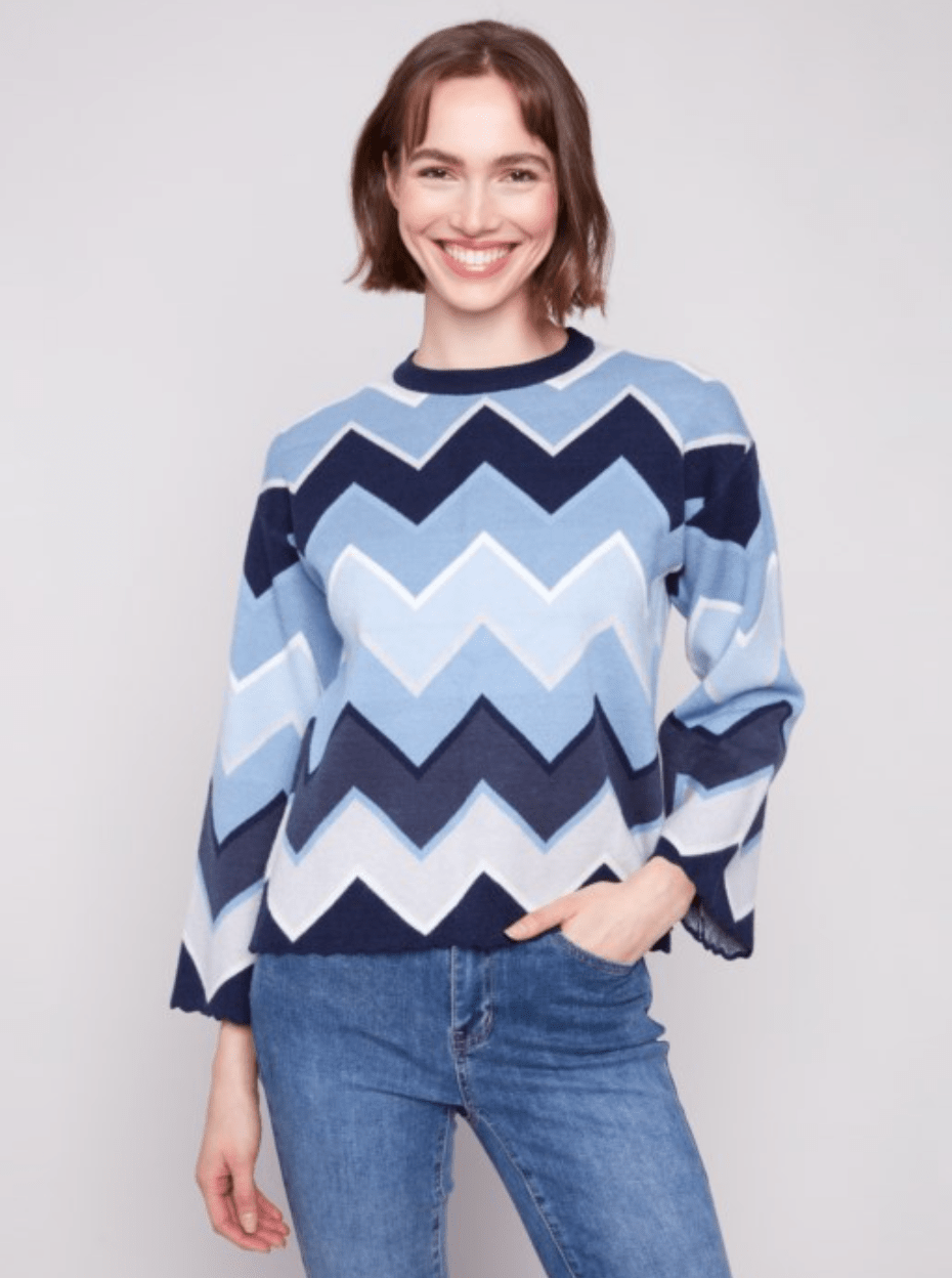 Jacquard Chevron Bell Sleeve Sweater - Mainstream Boutique