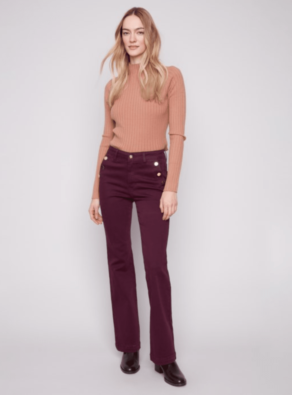 Charlie B Flare Leg Stretch Twill Pants With Buttons - Mainstream Boutique