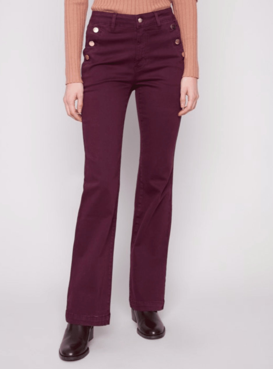 Charlie B Flare Leg Stretch Twill Pants With Buttons - Mainstream Boutique