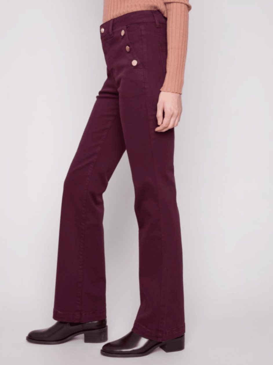 Charlie B Flare Leg Stretch Twill Pants With Buttons - Mainstream Boutique