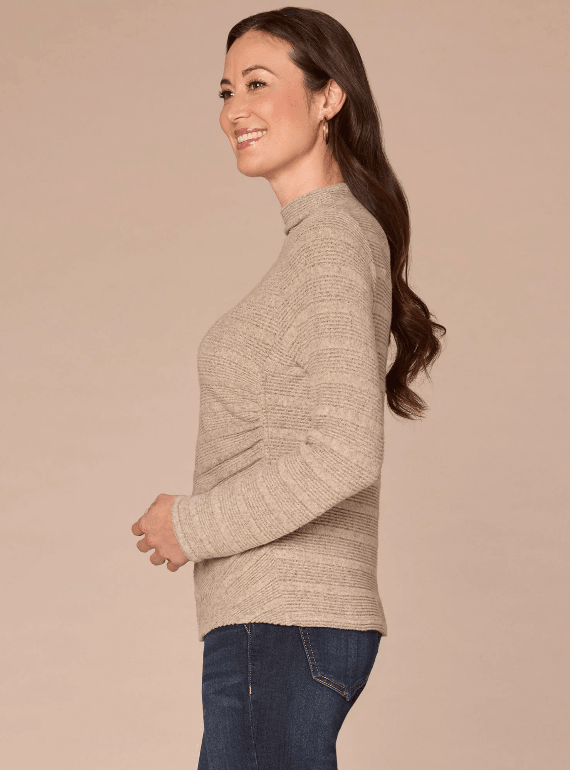 Mock Neck Asymmetrical Side Ruching Knit Top - Mainstream Boutique