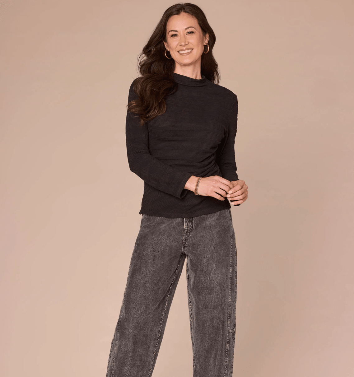 Mock Neck Asymmetrical Side Ruching Knit Top - Mainstream Boutique