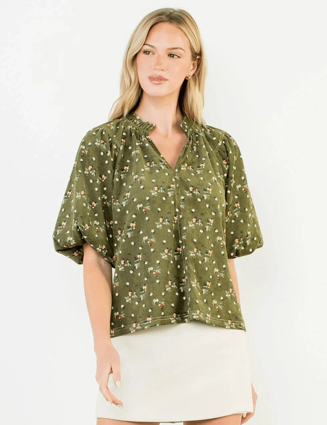 Puff Sleeve Corduroy Flower Top - Mainstream Boutique