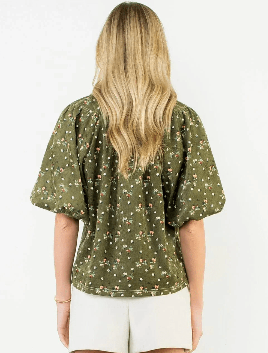 Puff Sleeve Corduroy Flower Top - Mainstream Boutique