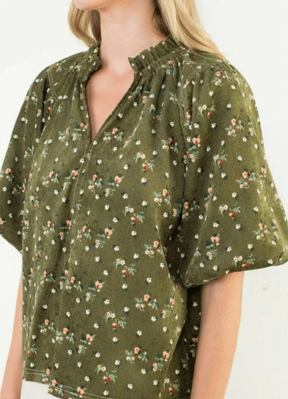 Puff Sleeve Corduroy Flower Top - Mainstream Boutique