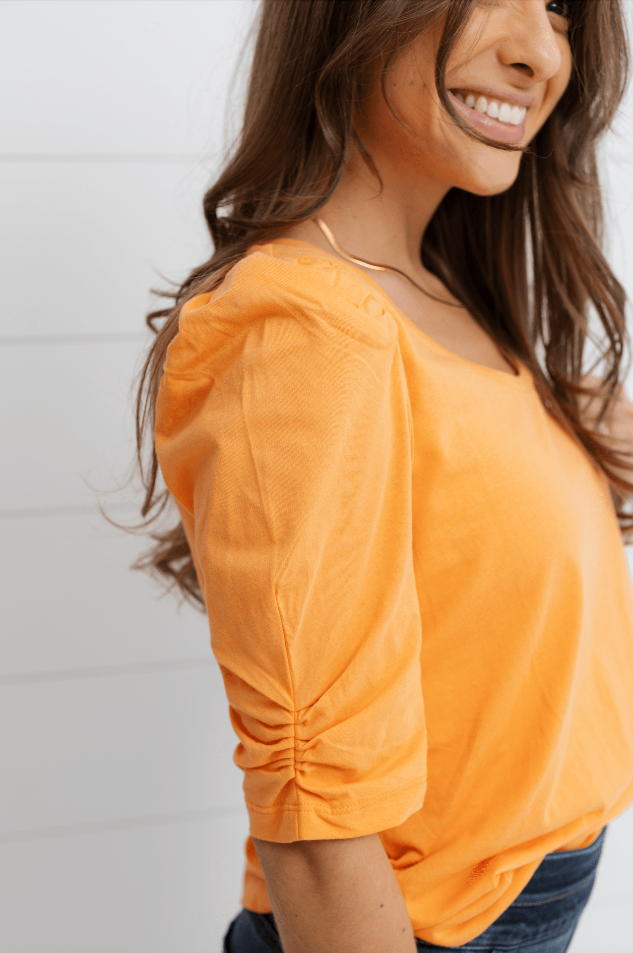 Colby Puff Ruched Sleeve Top - Tangerine - Mainstream Boutique