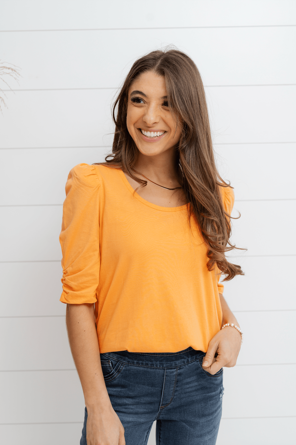 Colby Puff Ruched Sleeve Top - Tangerine - Mainstream Boutique