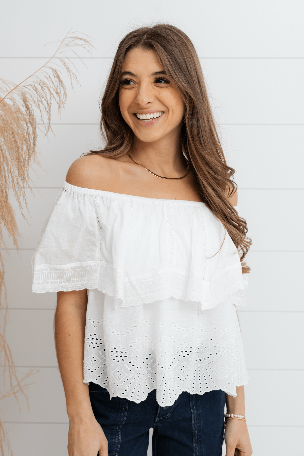 Eyelet Off The Shoulder Eyelet Top - White - Mainstream Boutique