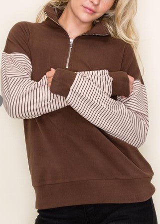 Mocha Stripe Half - Zip Pullover - Mainstream Boutique