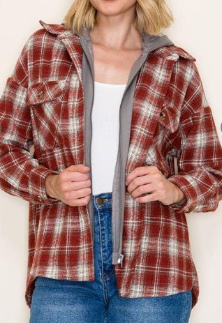 Plaid Jacket With French Terry Hoodie Twofer - Mainstream Boutique