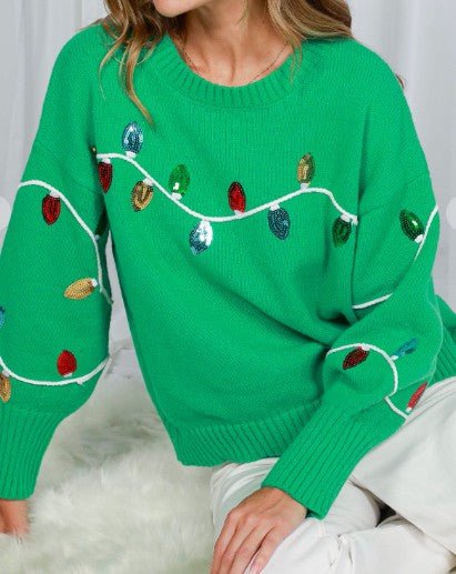 Sequin Christmas Lights Sweater – Festive Crew Neck Knit Pullover - Mainstream Boutique