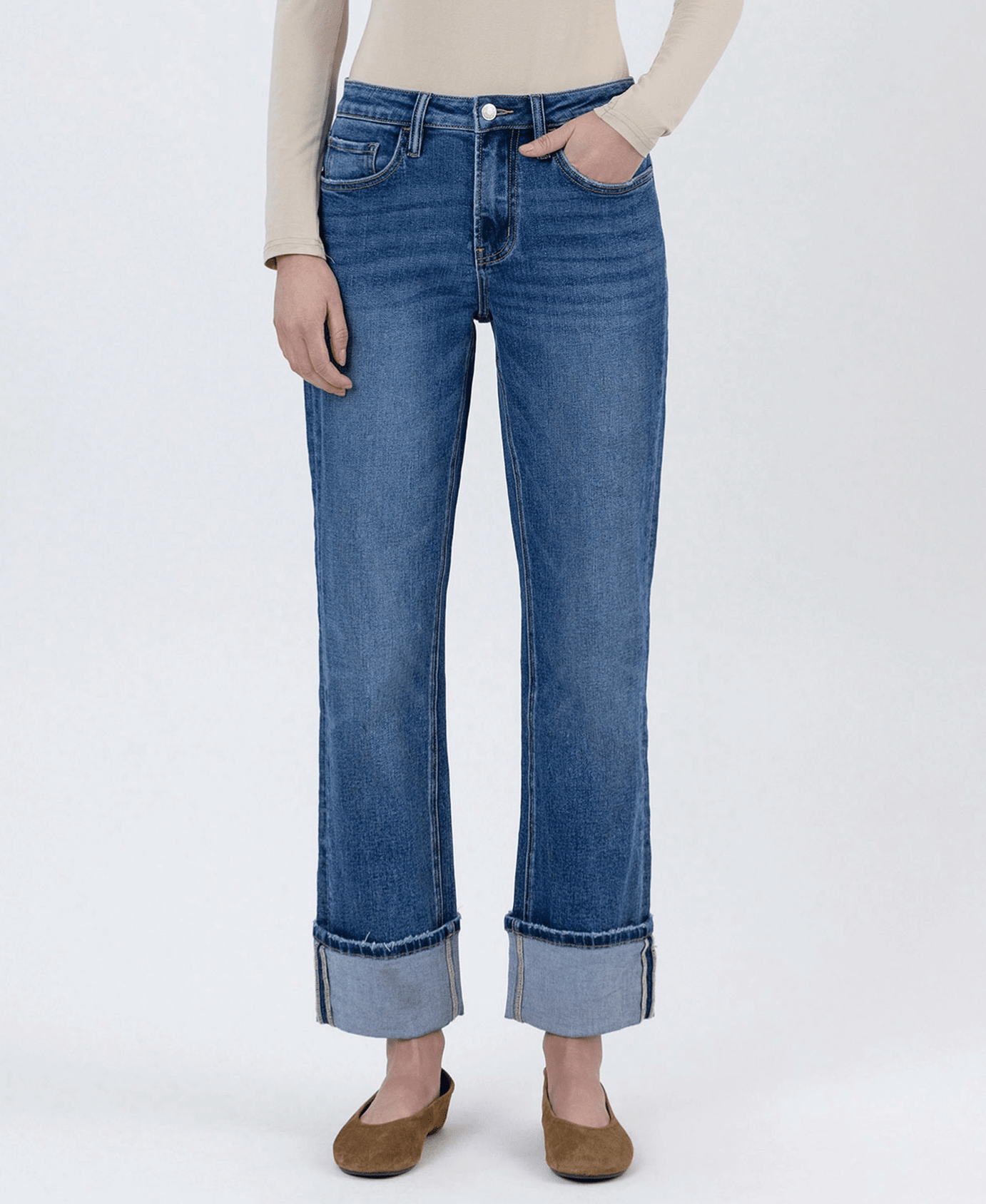 High Rise Cuffed Ankle Straight Jeans - Mainstream Boutique