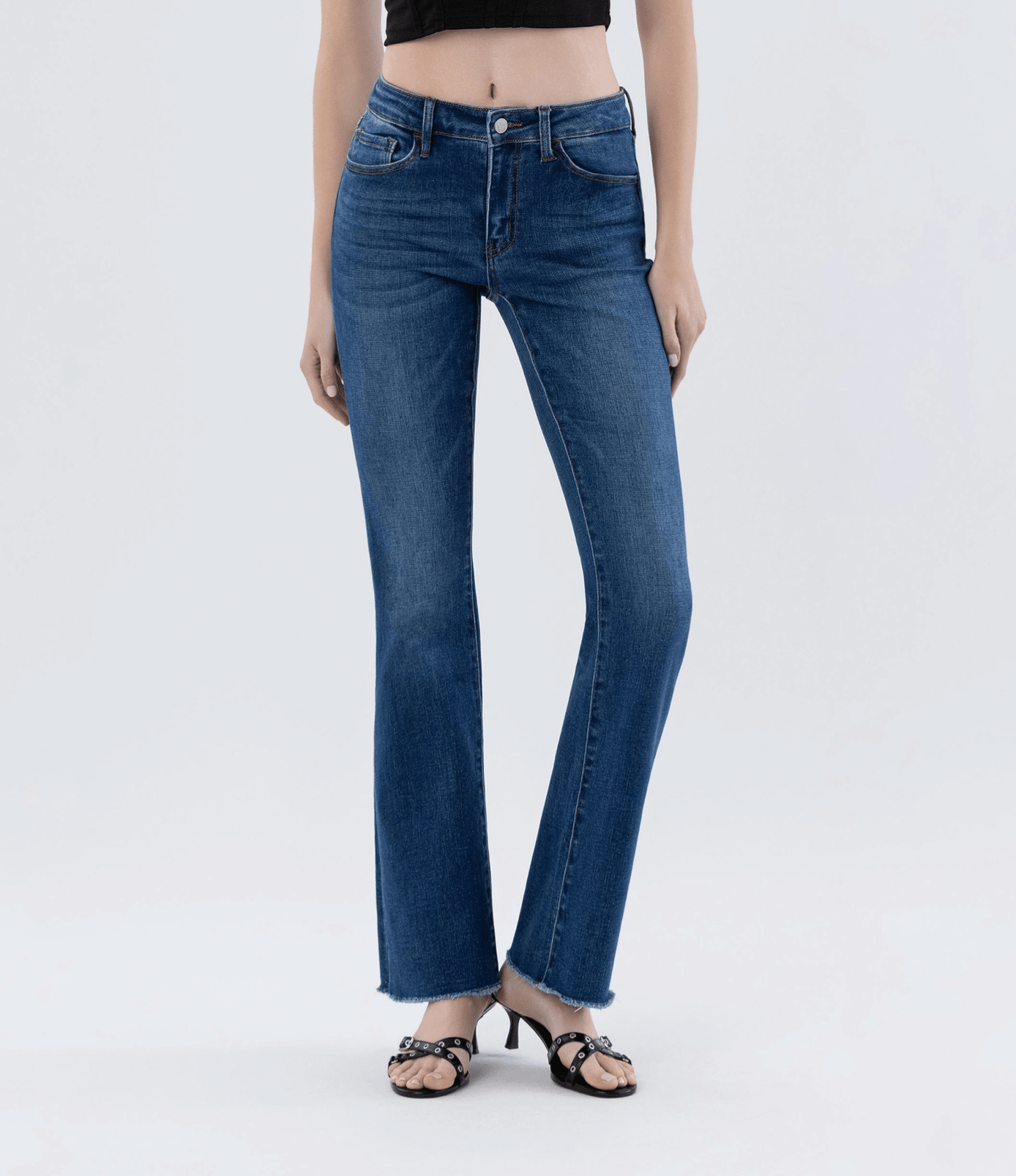 Mid Rise Raw Hem Dark Wash Bootcut Jeans - Mainstream Boutique