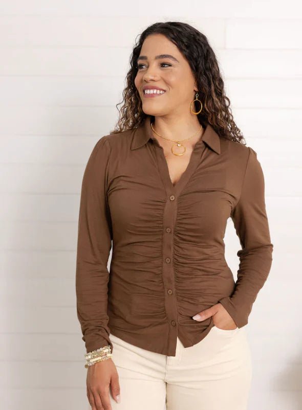 Mac And Me Ruched Placket Long Sleeve Top - Mainstream Boutique