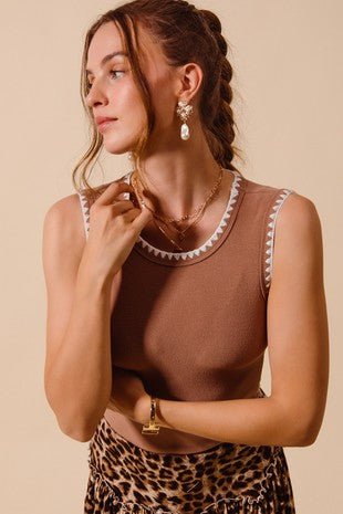 Rib Sleeveless Tank With Embroidery Detail - Mainstream Boutique