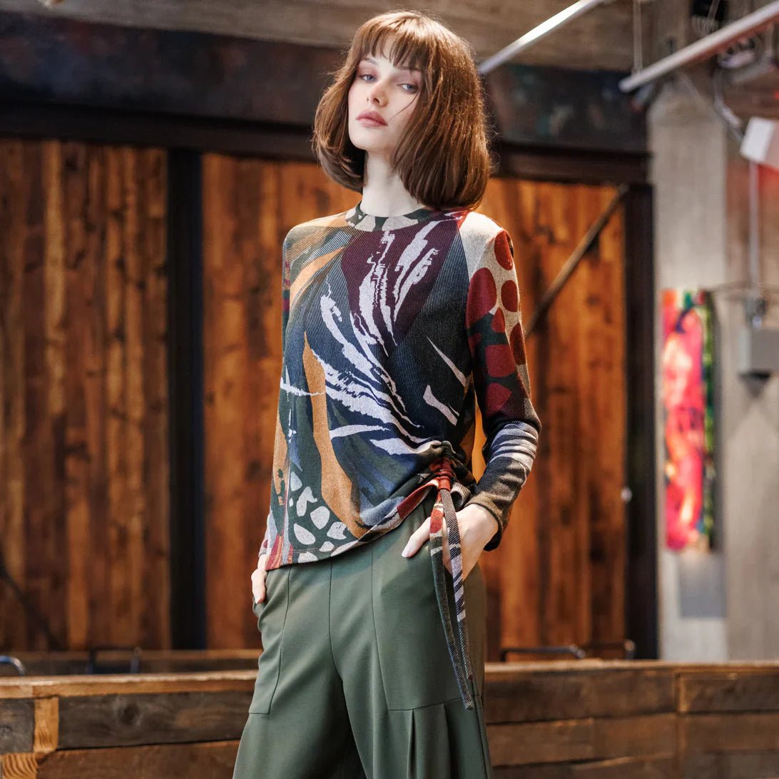 Cozy Knit - Side Pull - Tie Sweater Top - Abstract Harves - Mainstream Boutique