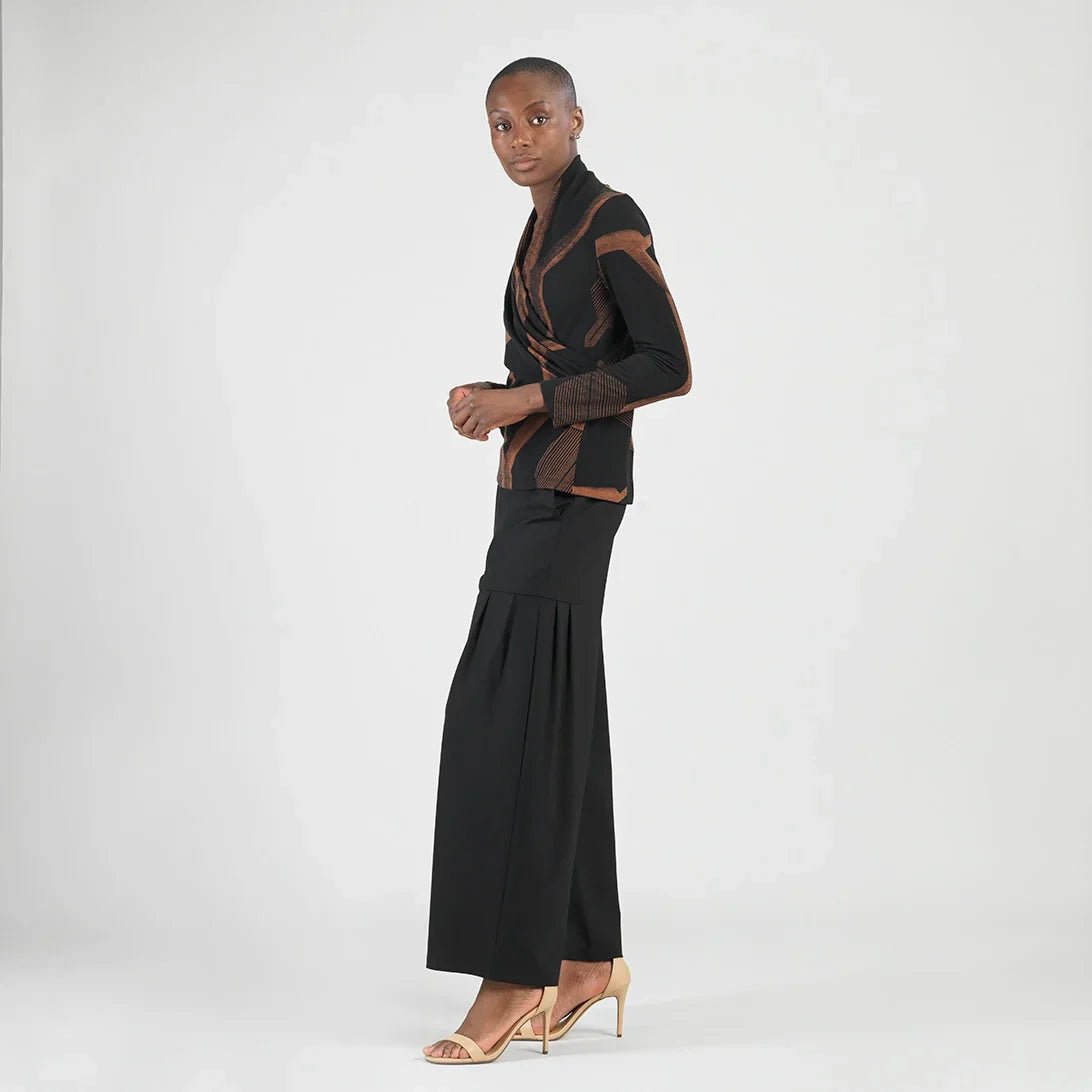 Lightweight Cozy - V - Neck Draped Pleat Sweater Top - Linear Geo - Mainstream Boutique