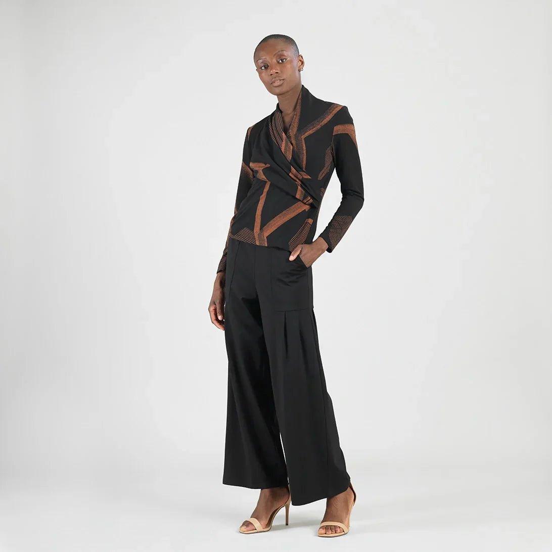 Lightweight Cozy - V - Neck Draped Pleat Sweater Top - Linear Geo - Mainstream Boutique