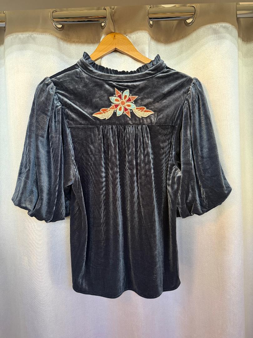 Puff Sleeve Velvet Embroidered Floral Detail Top - Mainstream Boutique