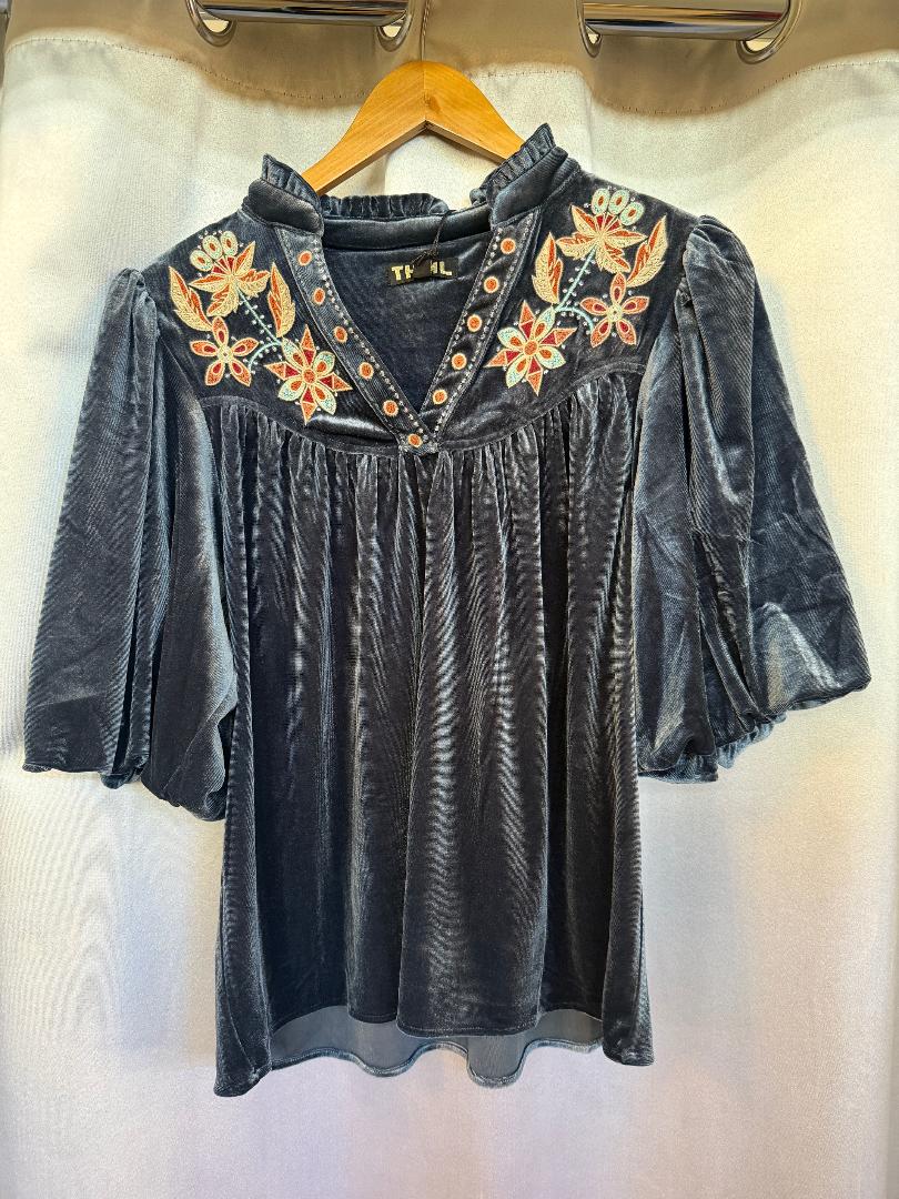 Puff Sleeve Velvet Embroidered Floral Detail Top - Mainstream Boutique