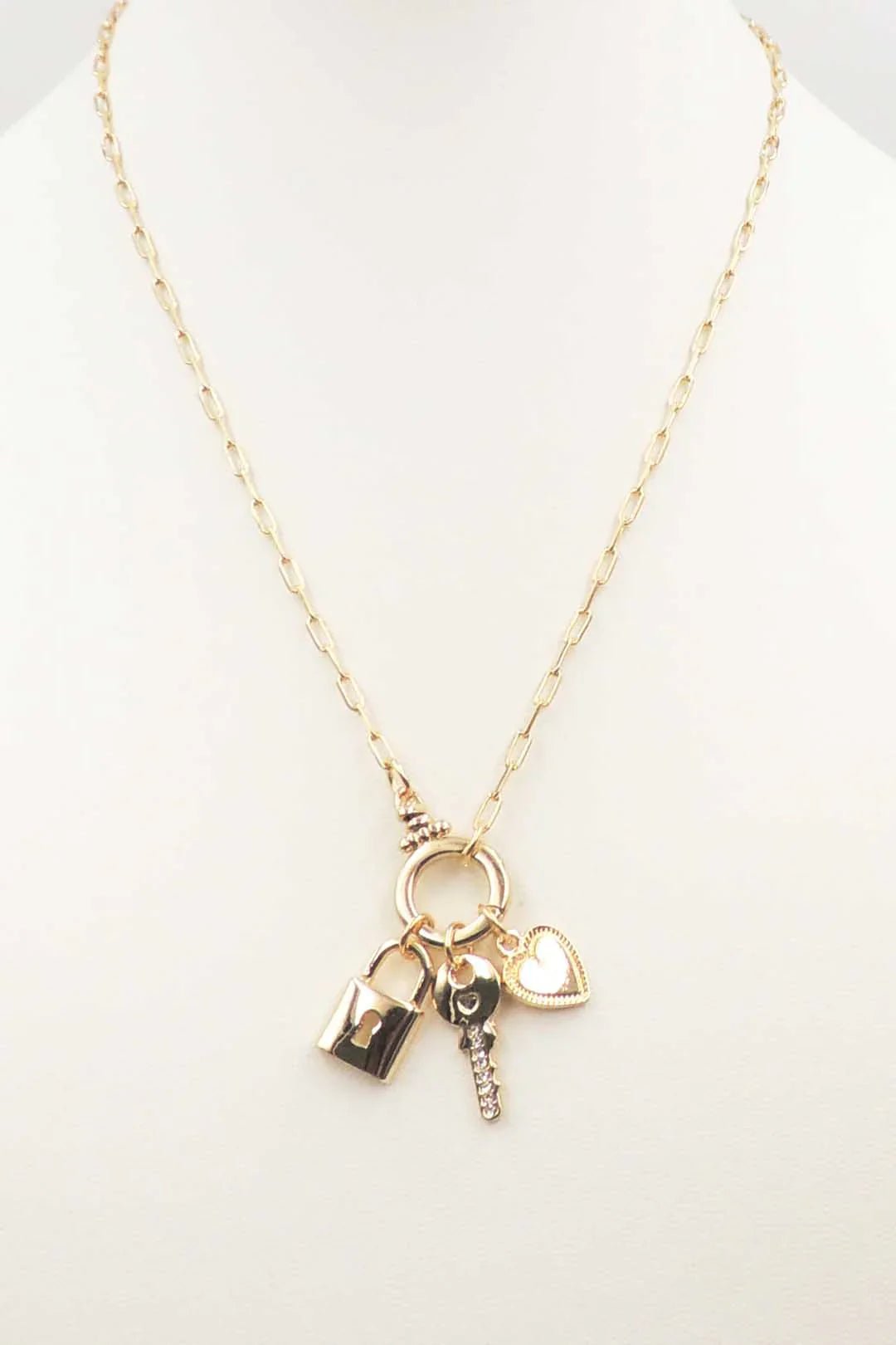 Gold Chain Necklace With Key, Lock, Heart Charms - Mainstream Boutique