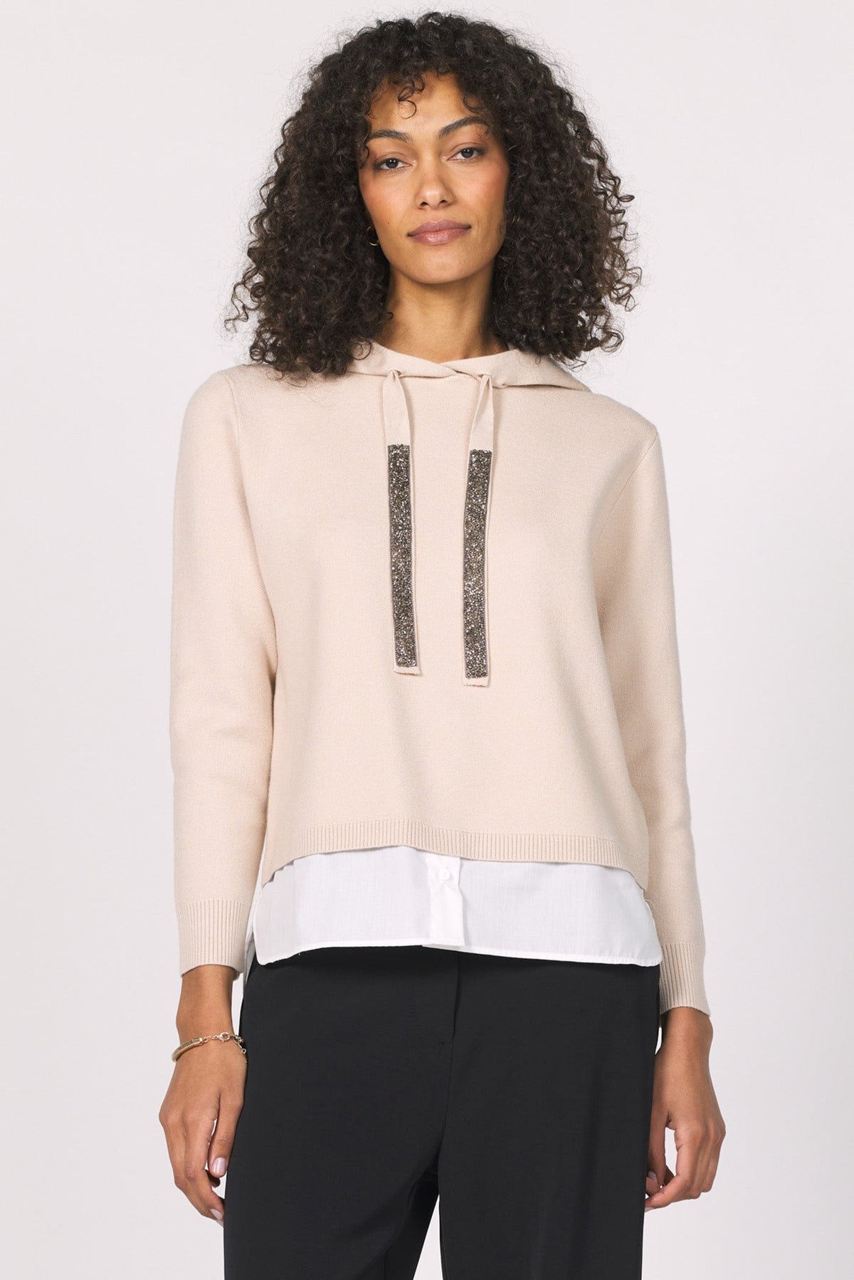 Beige hoodie with glitter on the strings