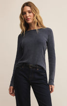 Blue ribbed long sleeve thermal top