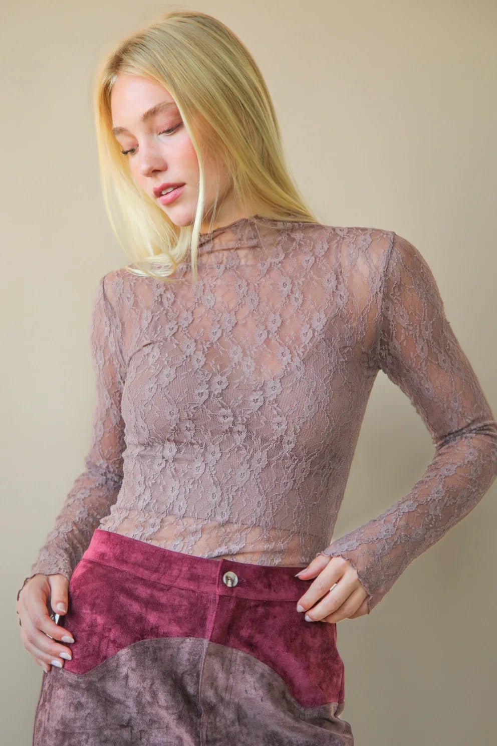 Sheer Mesh Lace Knit Top - Mocha - Mainstream Boutique