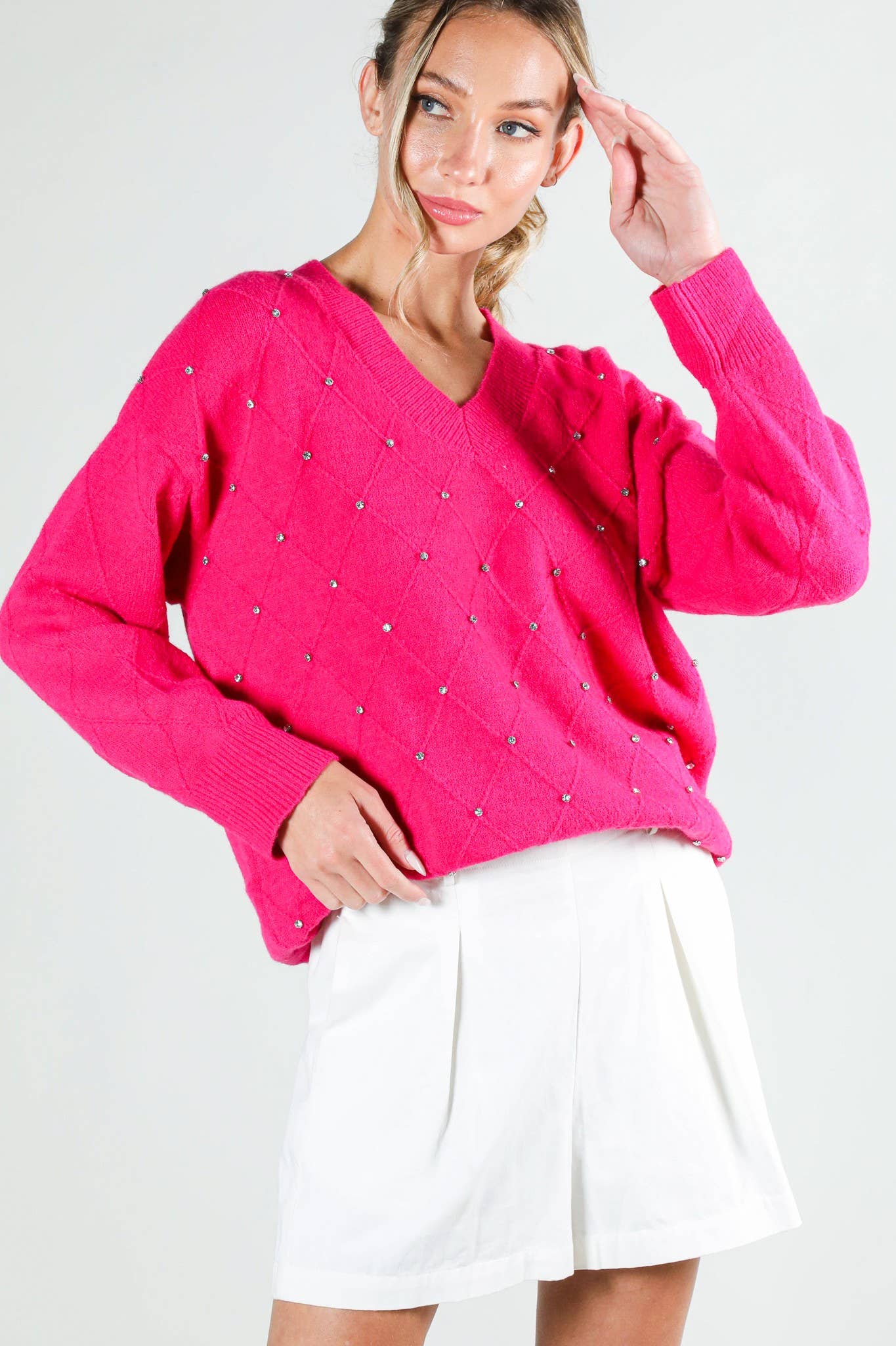 V - Neck Rhinestone Accent Argyle Knitted Sweater Top VT81546 - Mainstream Boutique
