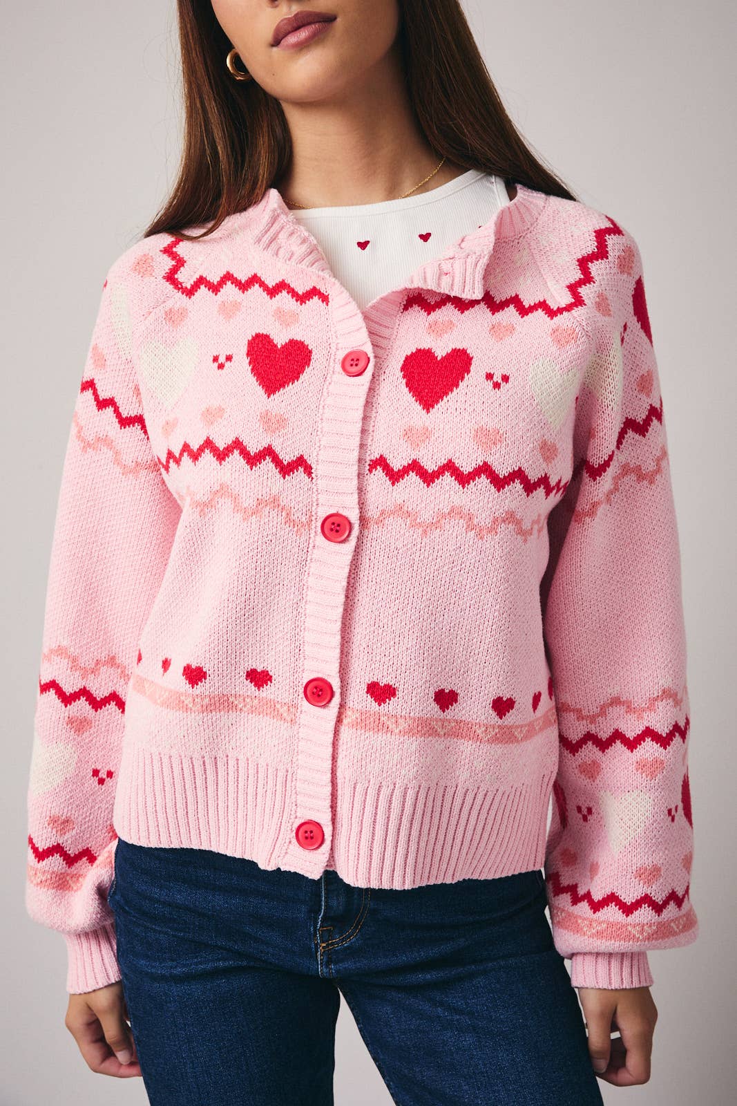 ROUND NECK LONG SLEEVE "HEART" PATTERN SWEATER CARDIGAN - Mainstream Boutique