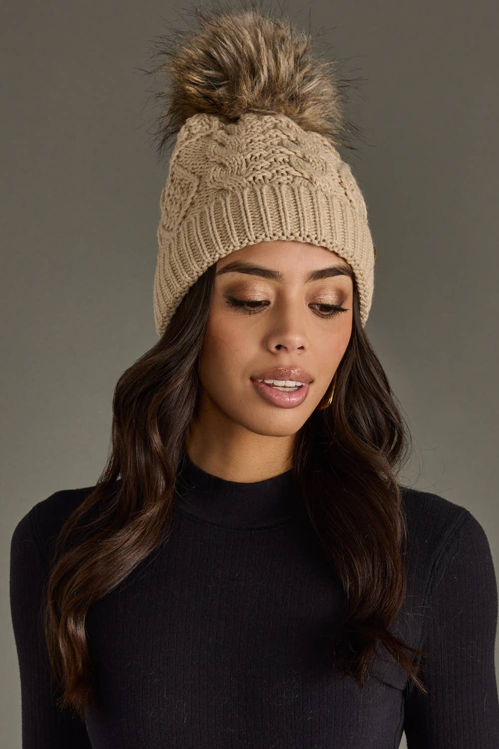 Taupe Cable Knit Pom Hat - Mainstream Boutique