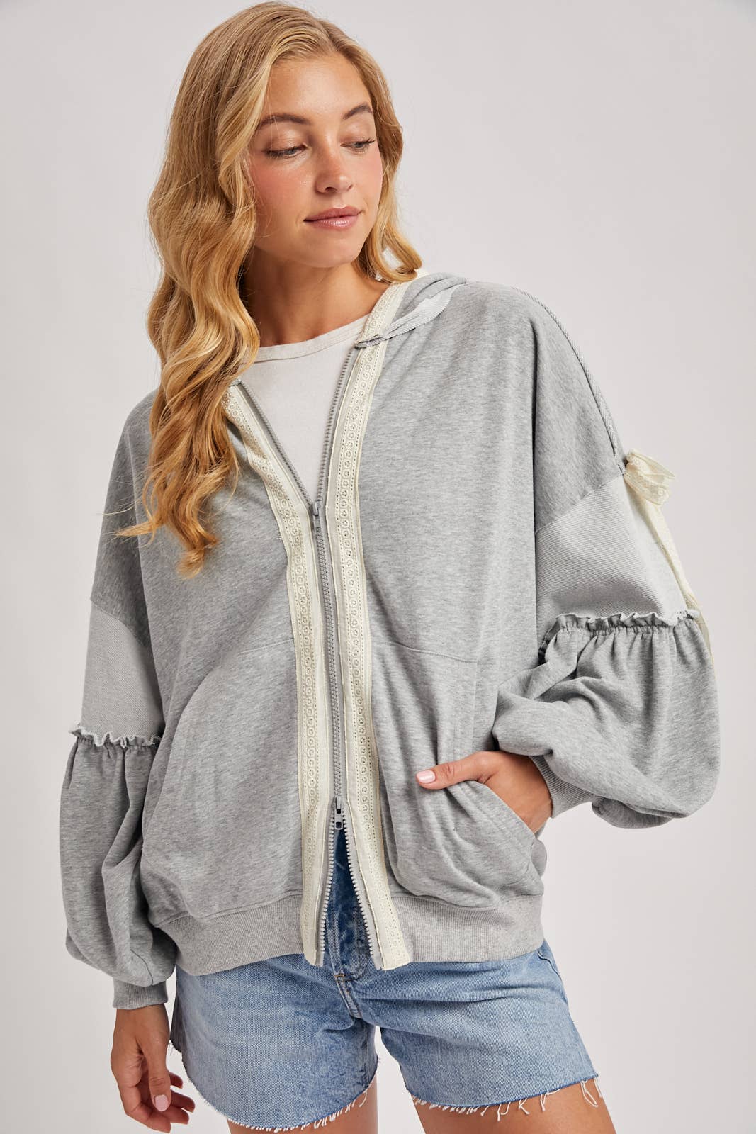 BALLOON SLEEVE LACE TRIMMED ZIPPER FRONT HOODIE OUTERWEAR - Mainstream Boutique