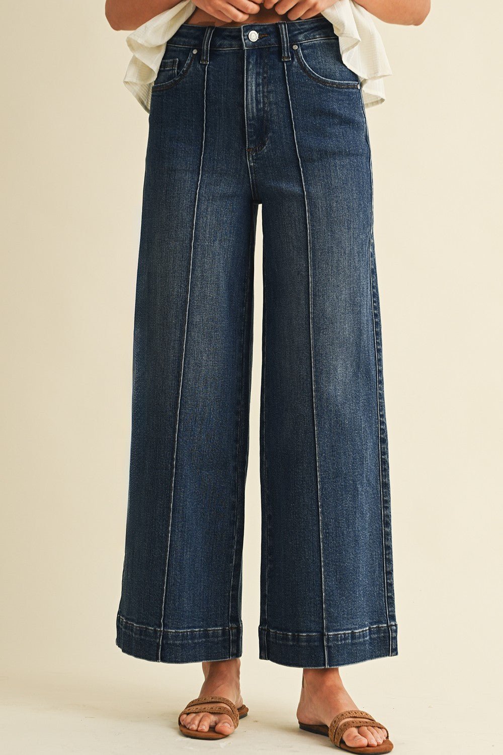 Stretch High Rise Pin Tuck Detail Wide Leg Jean - Mainstream Boutique