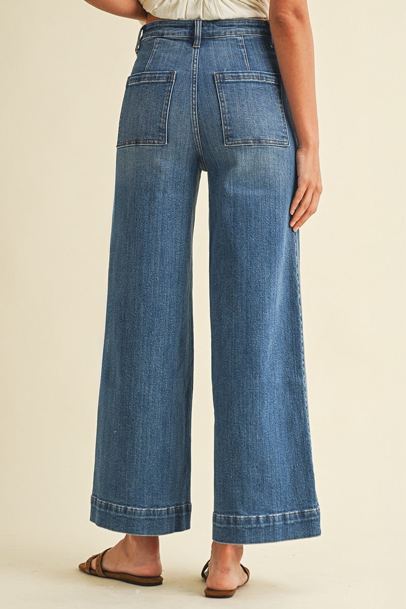 Stretch High Rise Pin Tuck Detail Wide Leg Jean - Mainstream Boutique
