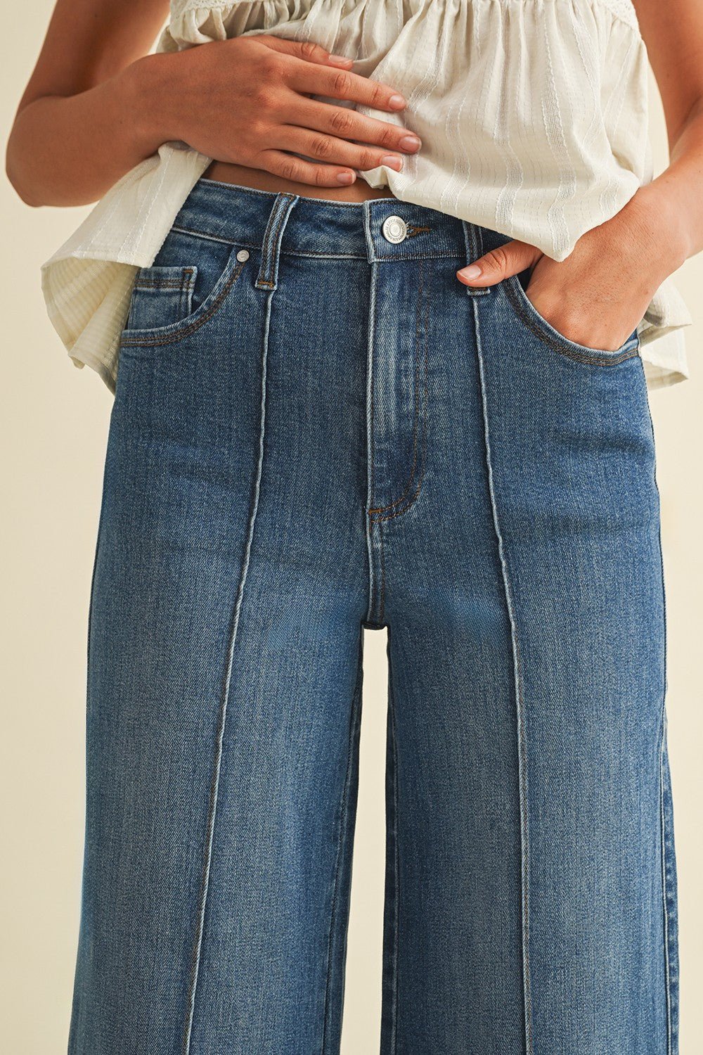 Stretch High Rise Pin Tuck Detail Wide Leg Jean - Mainstream Boutique