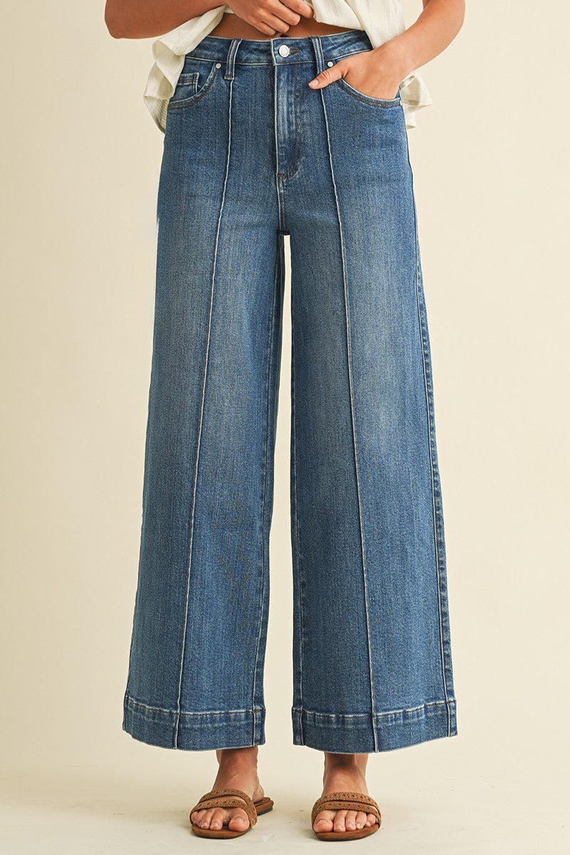Stretch High Rise Pin Tuck Detail Wide Leg Jean - Mainstream Boutique